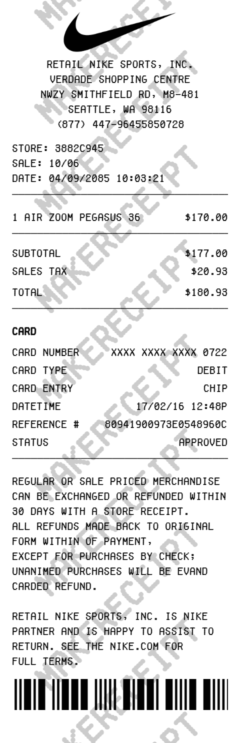 Nike Shoes Receipt