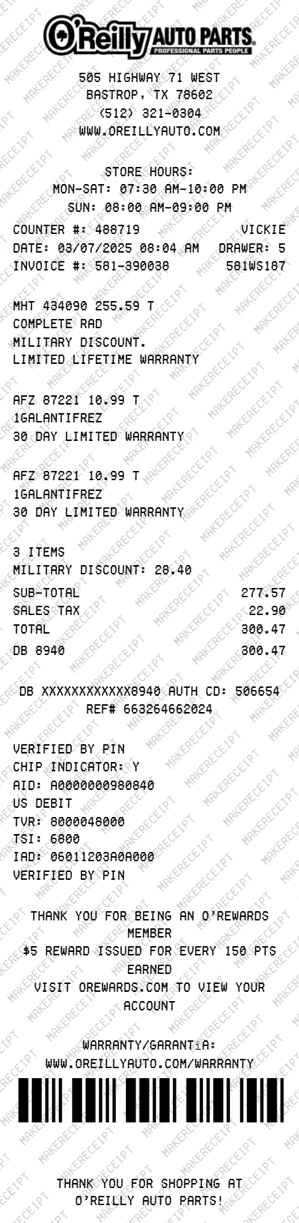 O'Reilly Auto Parts Receipt preview