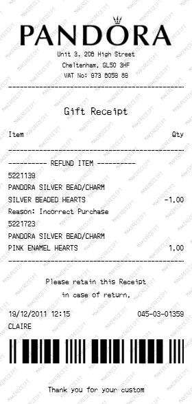 Pandora Receipt preview