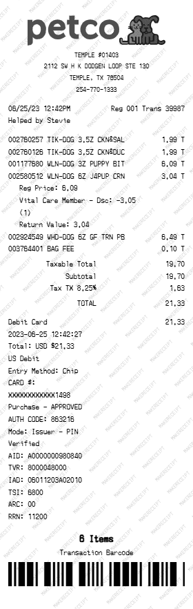 Petco Receipt preview