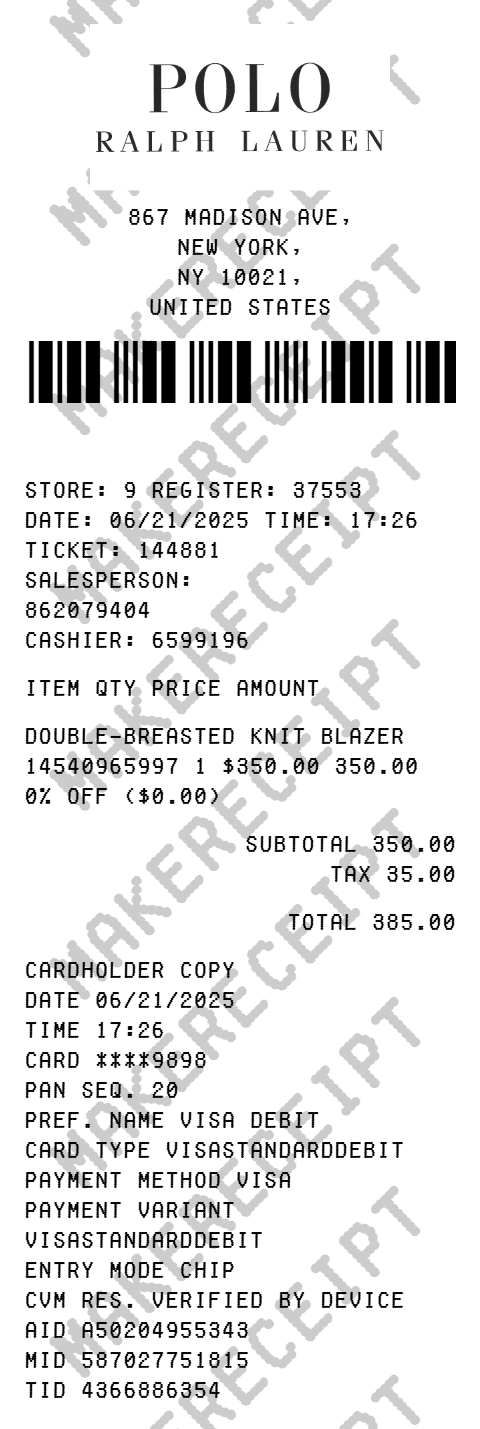 Polo Ralph Lauren Receipt preview