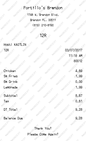 Portillo's Receipt
