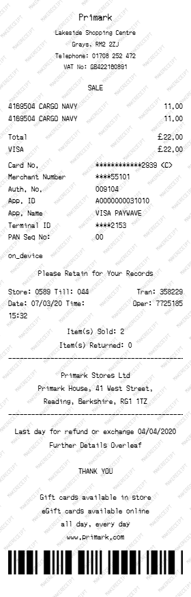 Primark Receipt preview
