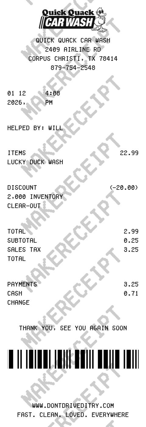 Quick Quack Car Wash Receipt preview