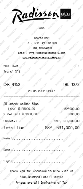 Radisson Hotel Receipt preview