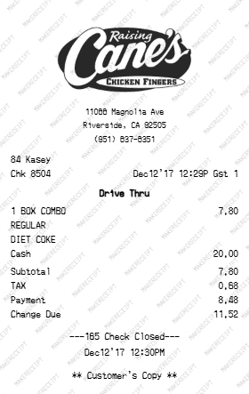 Raising Cane's Receipt preview