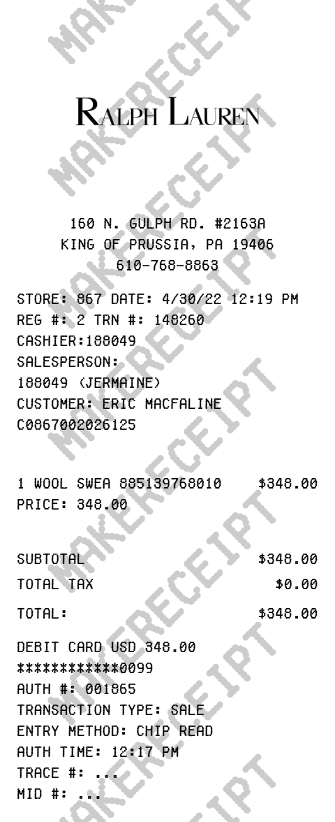Ralph Lauren Receipt preview
