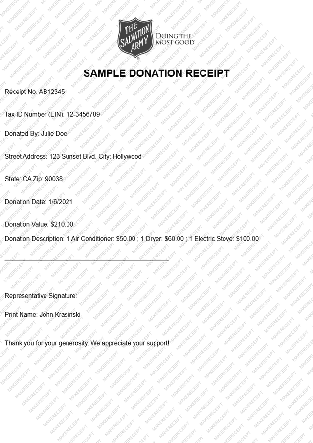 Salvation Army Receipt preview