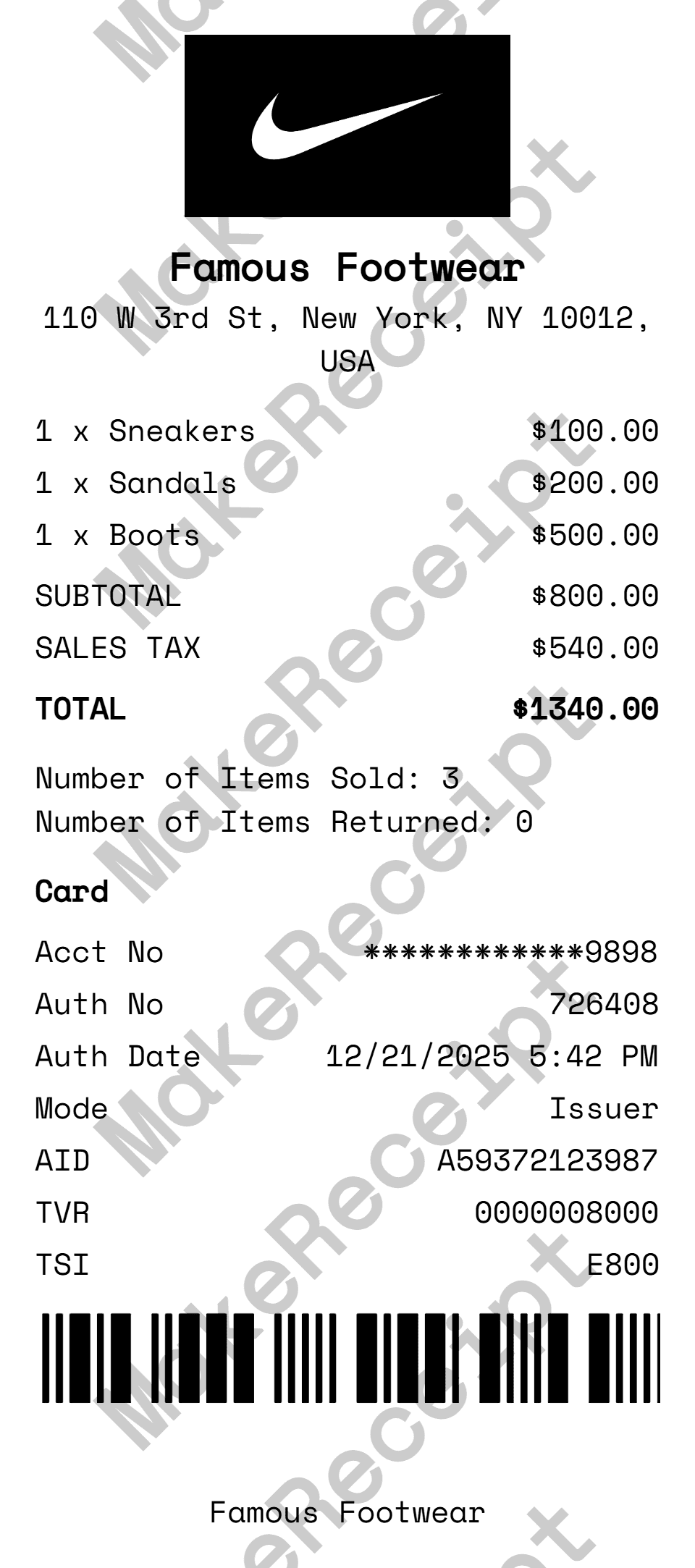 Shoe Store Receipt