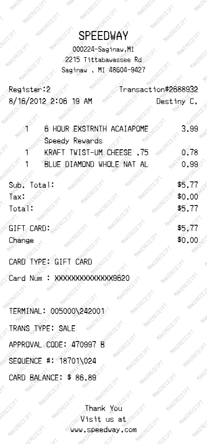 Speedway Receipt preview