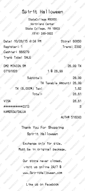 Spirit Halloween Receipt preview