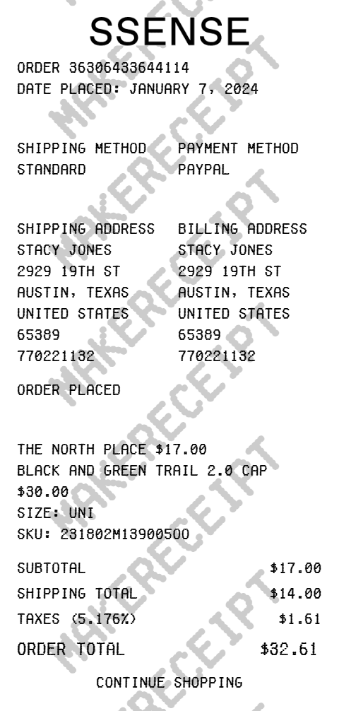 SSENSE Receipt preview