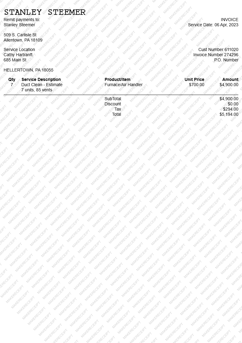 Stanley Steemer Receipt
