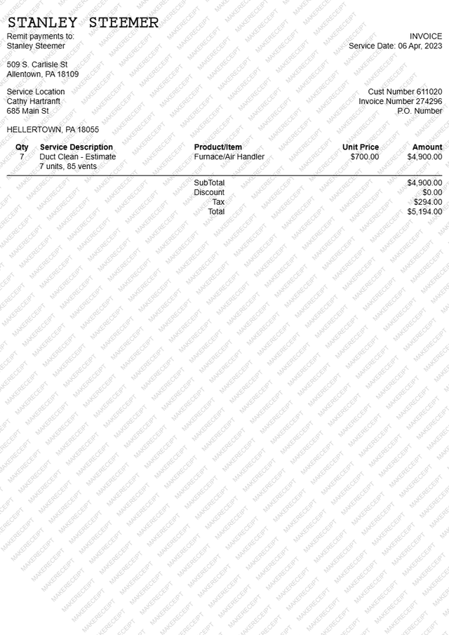 Stanley Steemer Receipt preview