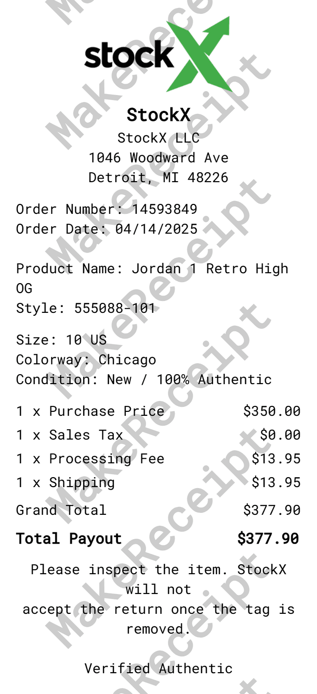 StockX Receipt preview