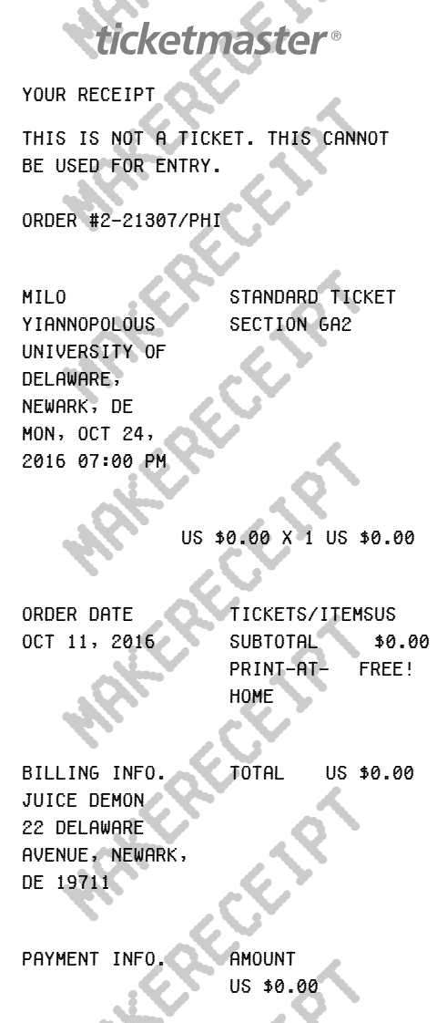 Ticketmaster Receipt preview