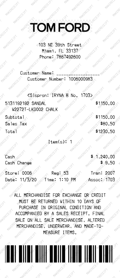 Tom Ford Receipt