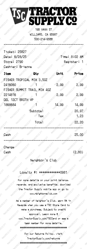 Tractor Supply Co Receipt preview