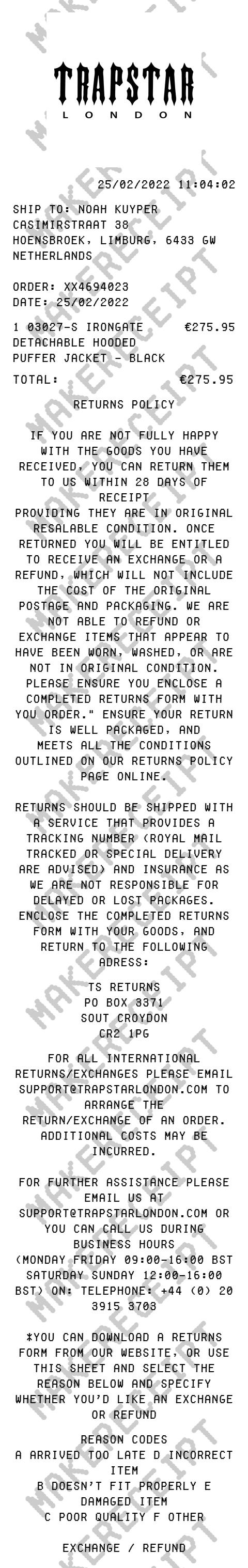 Trapstar Receipt preview