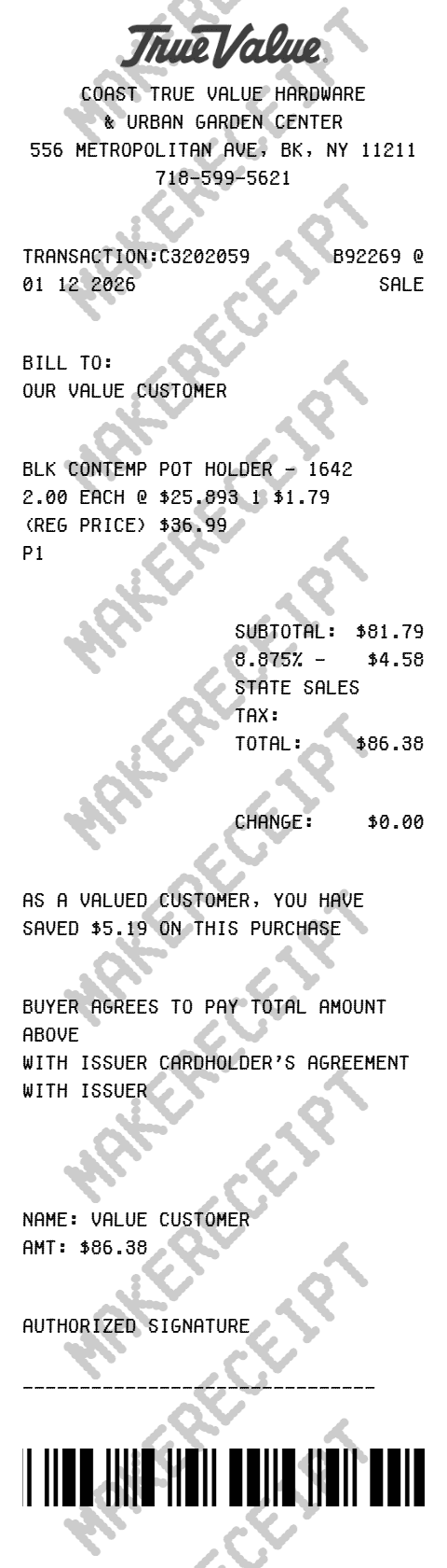 True Value Receipt