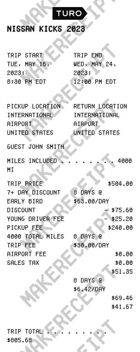 Turo Rental Receipt preview