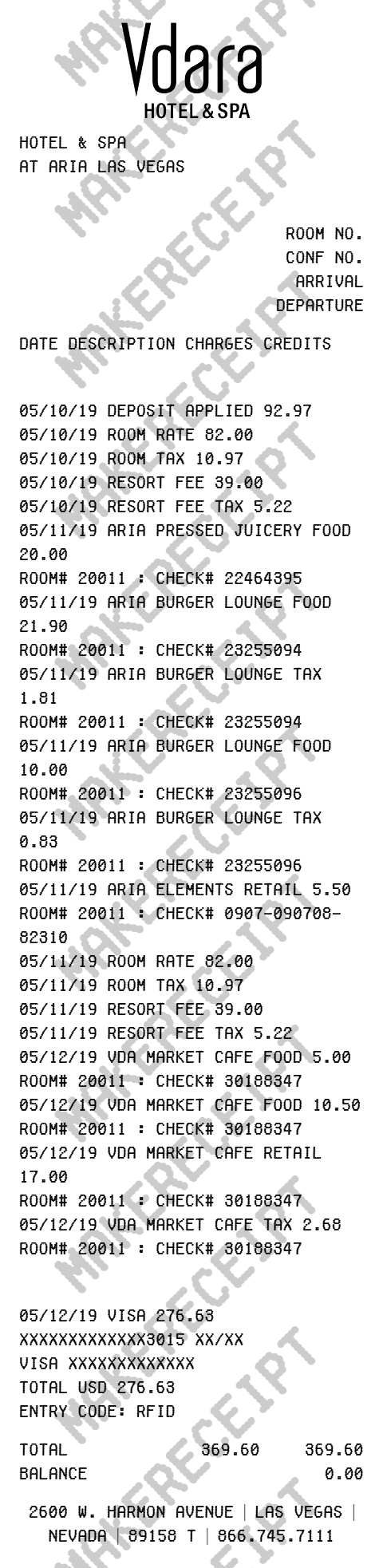 Vdara Hotel Receipt