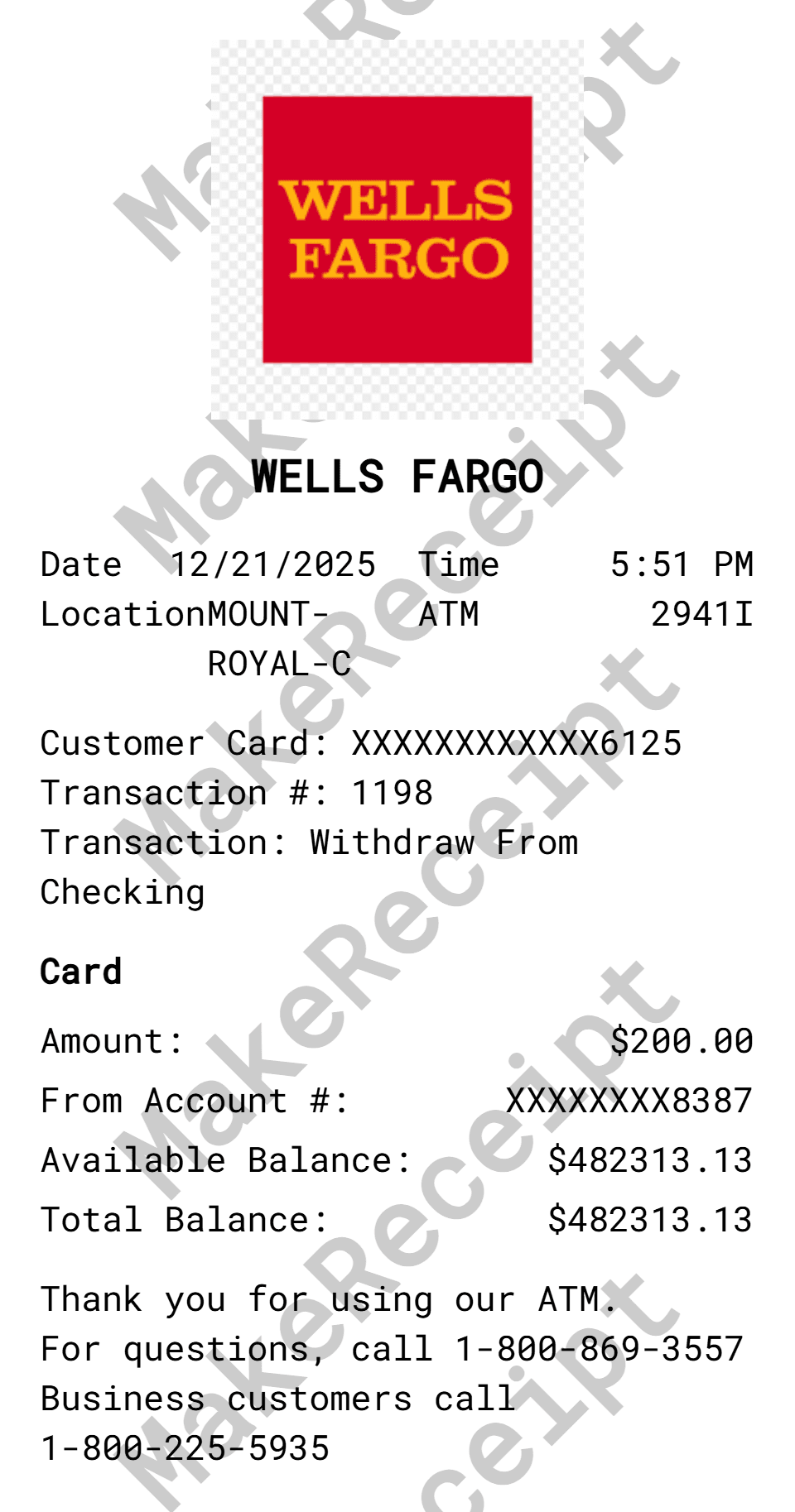 Wells Fargo ATM Receipt