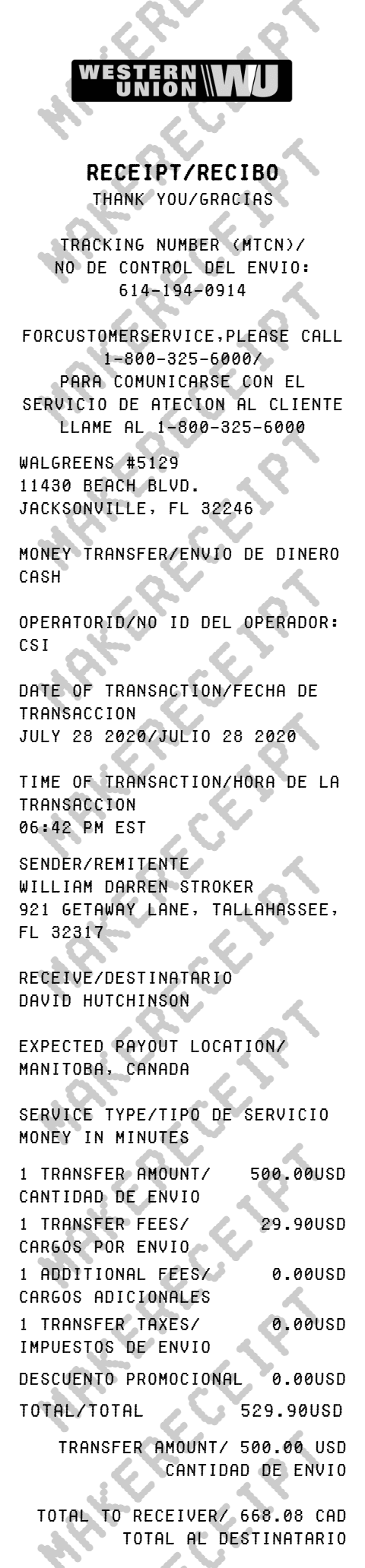 Western Union Receipt