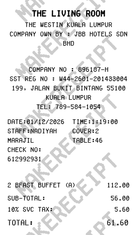 Westin Hotel Receipt preview