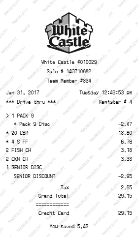 White Castle Receipt preview