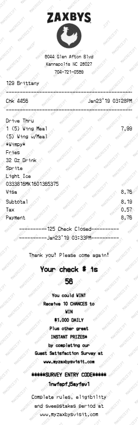 Zaxby's Receipt