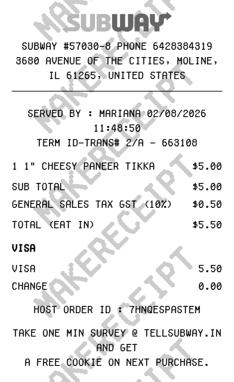 Subway Receipt preview