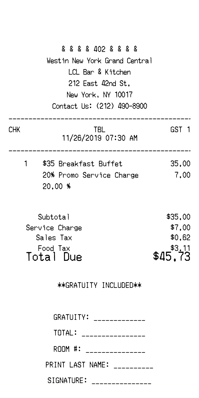 Bar or Pub Receipt