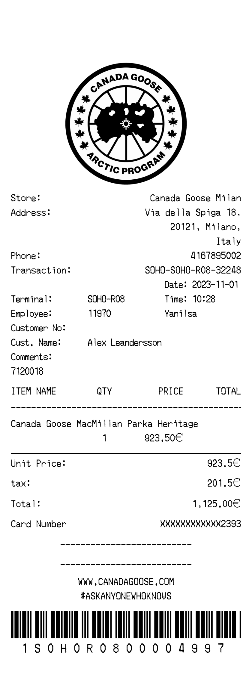 Canada Goose Receipt