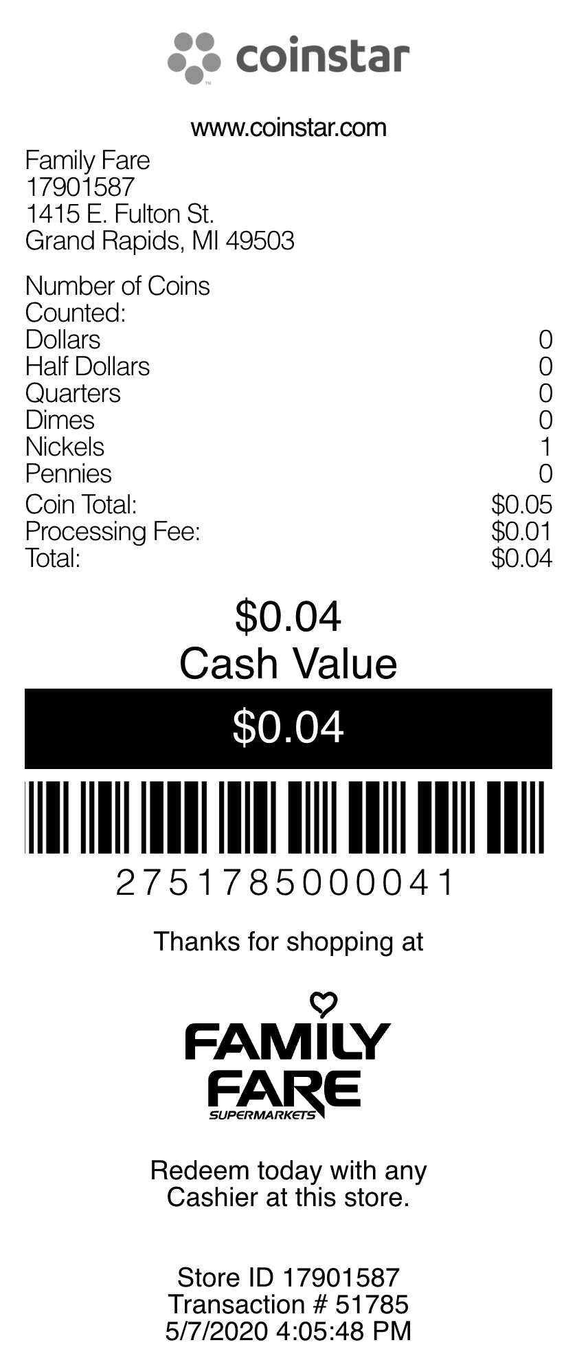 Coinstar Receipt