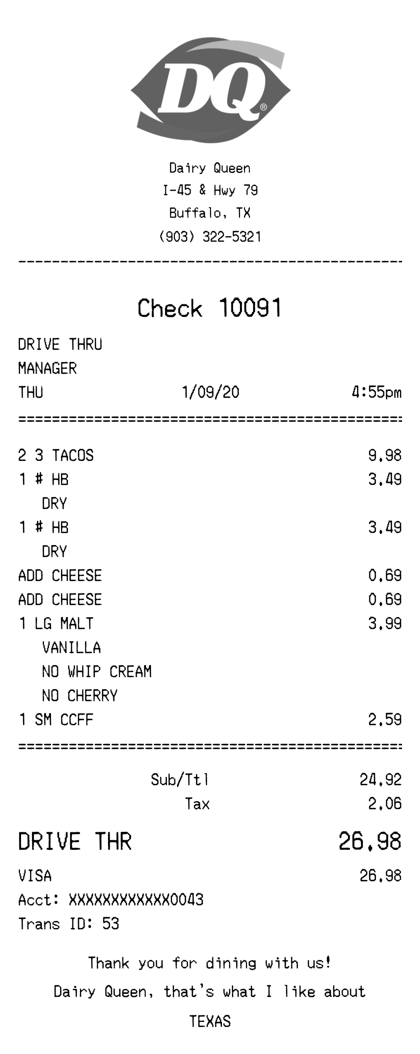 Dairy Queen Receipt
