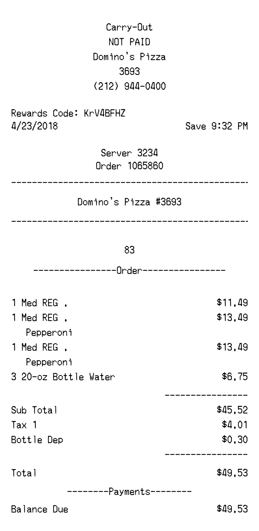 Dominos Receipt