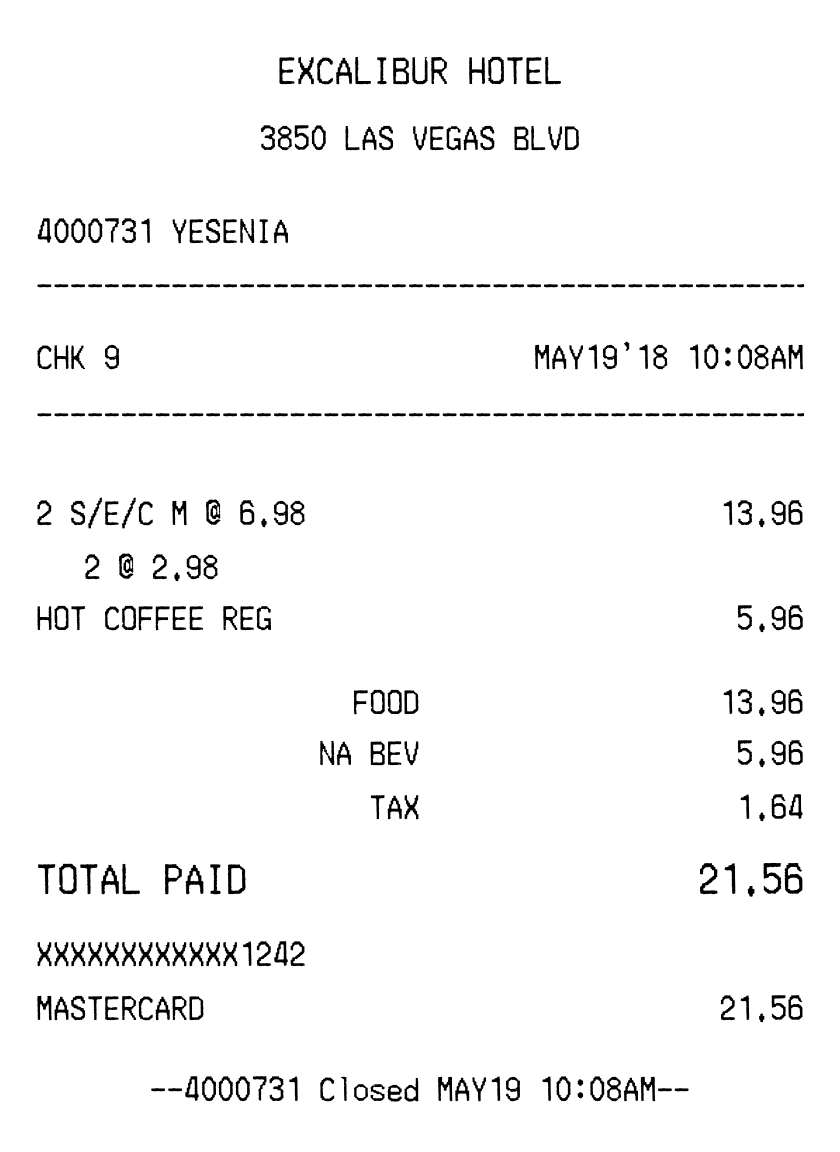 Excalibur Hotel Receipt