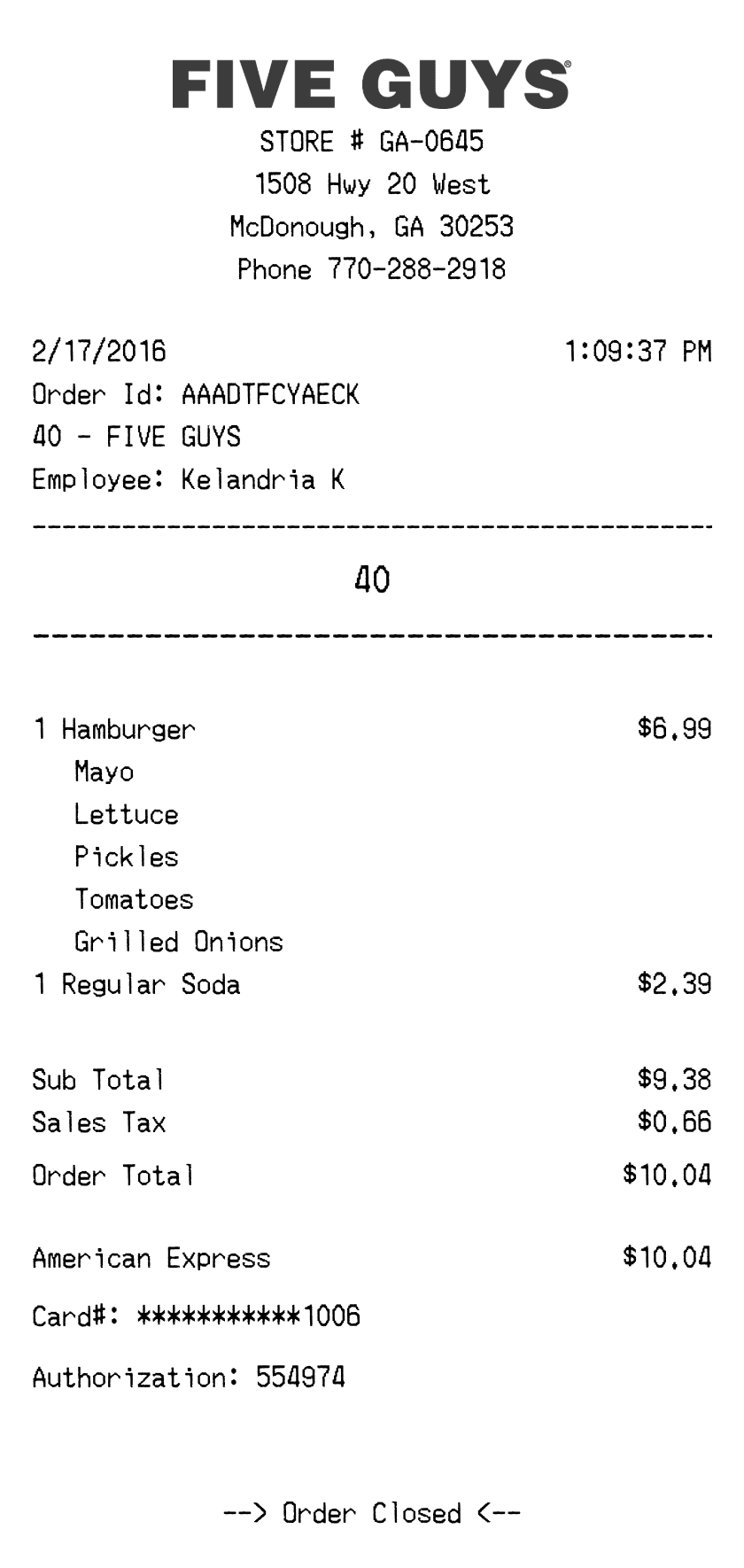 Five Guys Receipt