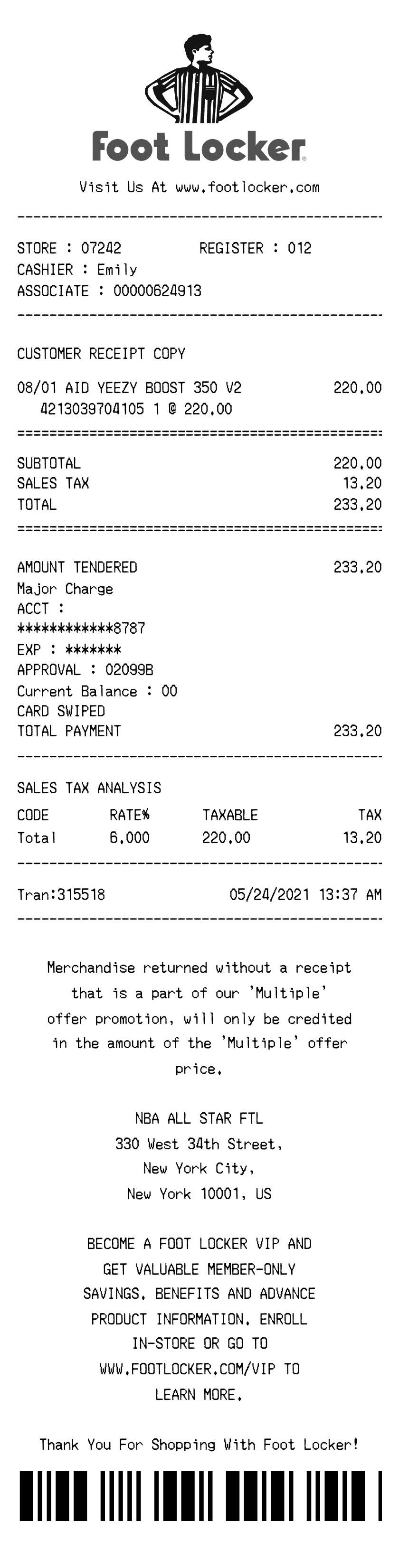 Foot Locker Receipt