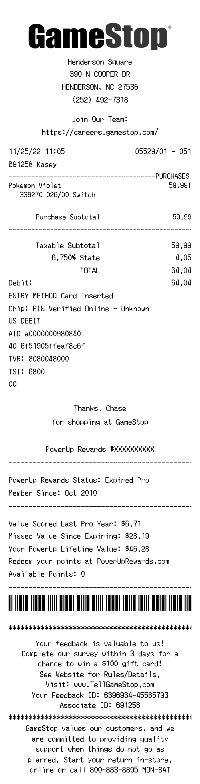 GameStop Receipt
