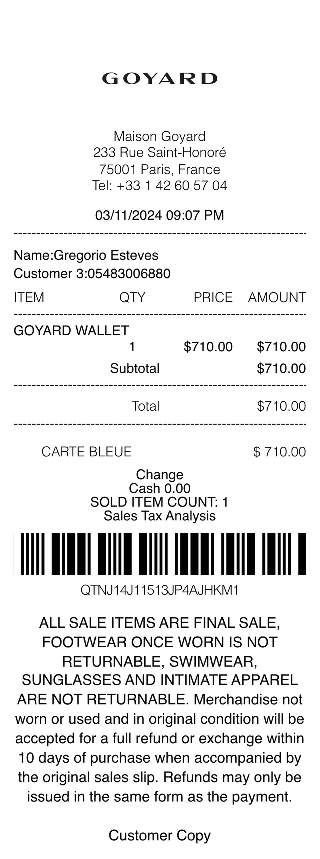 Editable Goyard Receipt receipt template, AI receipt generator