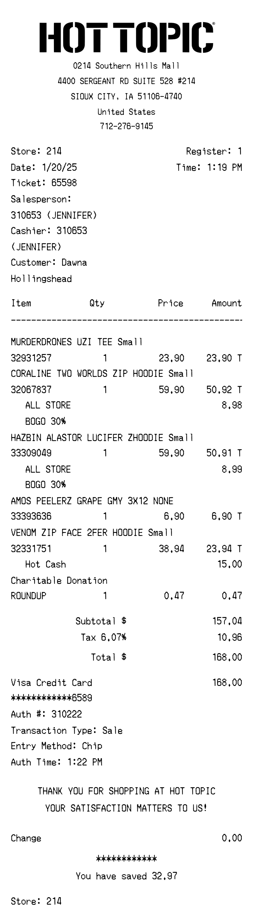 Hot Topic Receipt
