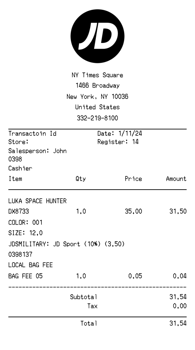 Editable JD Sports Receipt receipt template, AI receipt generator
