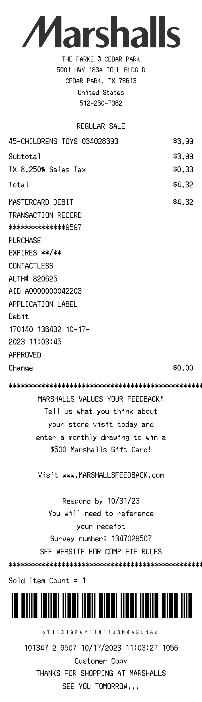 Marshalls Receipt
