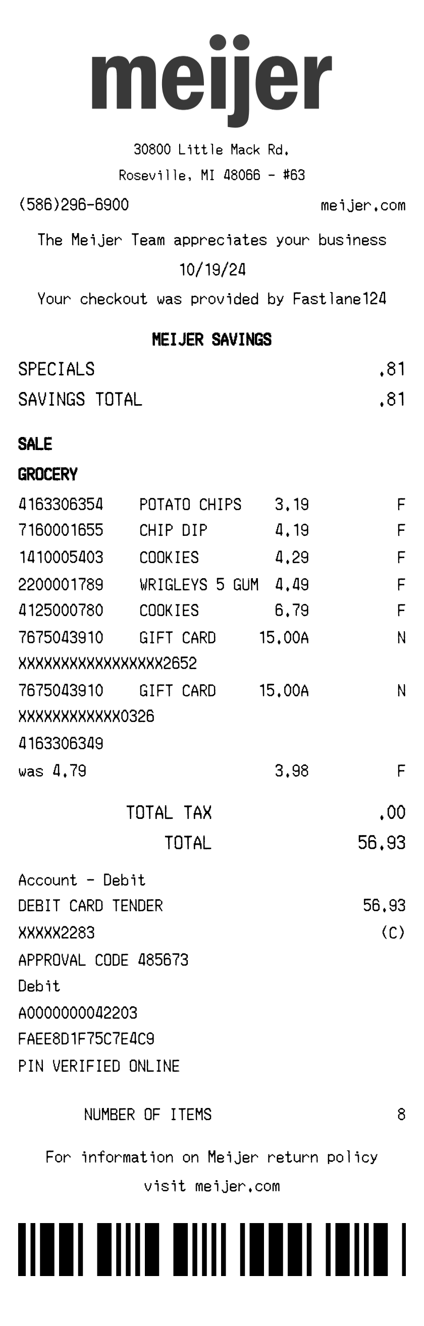 Meijer Receipt