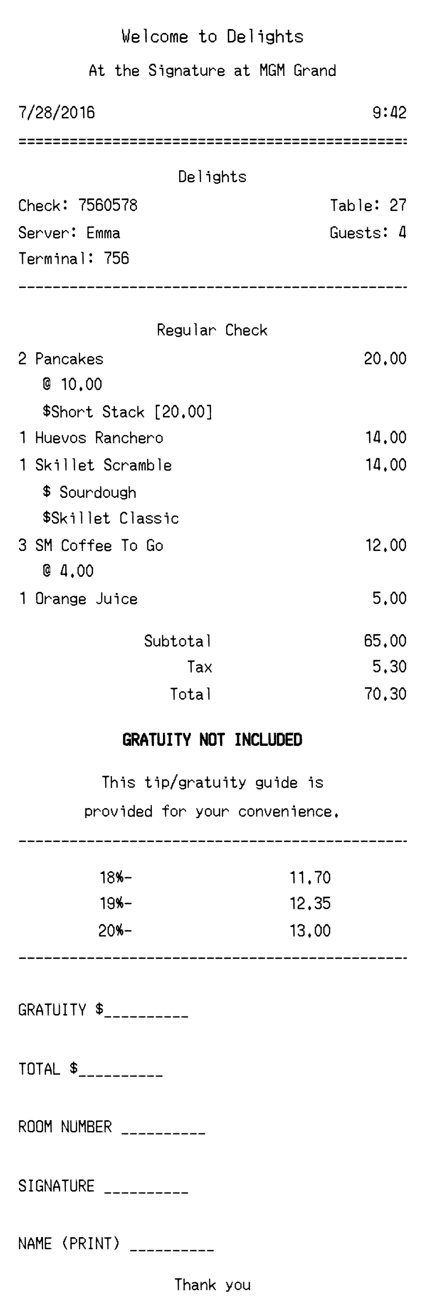 MGM Grand Hotel Receipt