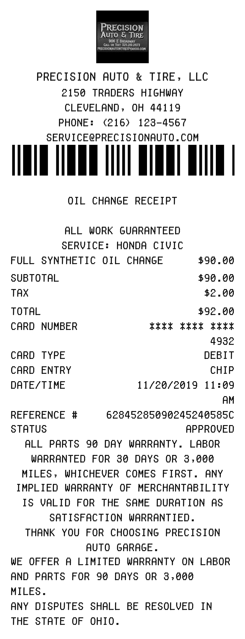 Oil Change Receipt