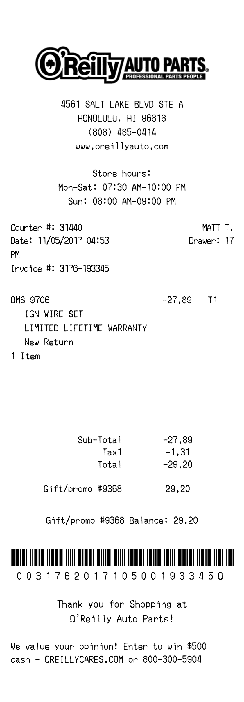 O'Reilly Auto Parts Receipt