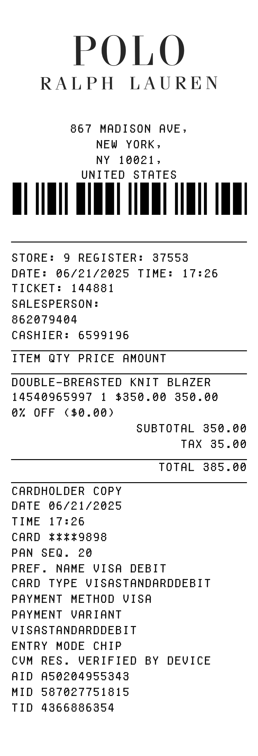 Polo Ralph Lauren Receipt